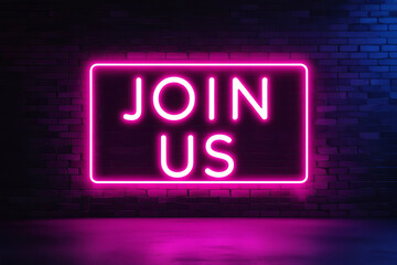 Stylish neon sign with word Join us on dark brick wall. AI