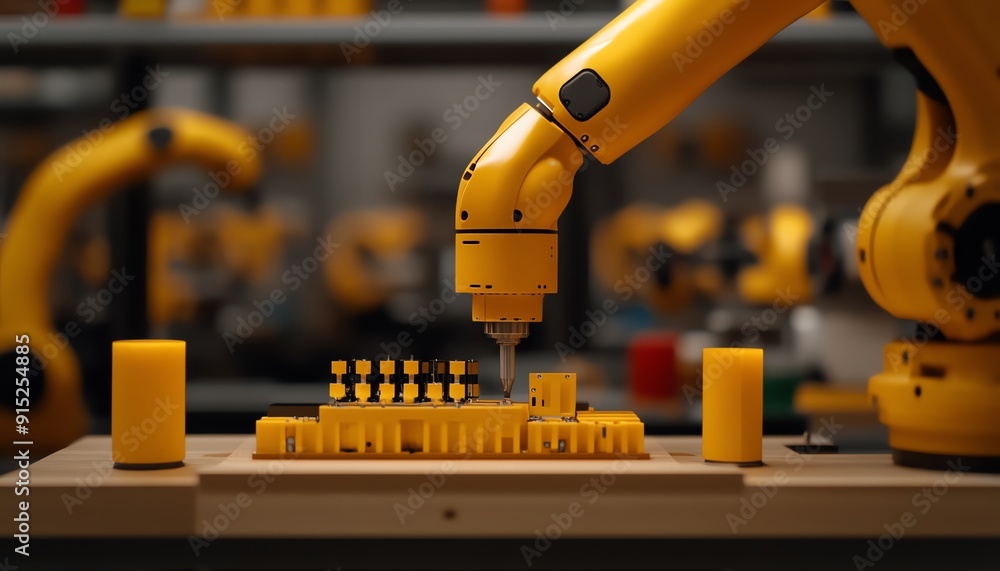 Poster engineers assembling robotic components with precision tools, hardware parts, automation technology