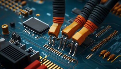 Close-up of connectors being plugged into a circuit board, hardware parts, connectivity solutions