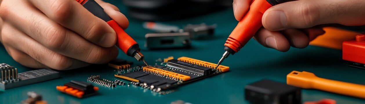 Technicians programming a microcontroller with a USB interface, hardware integration, embedded systems