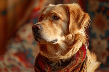 A close-up shot of a dog wearing a scarf, suitable for pet-related or fashion-themed projects