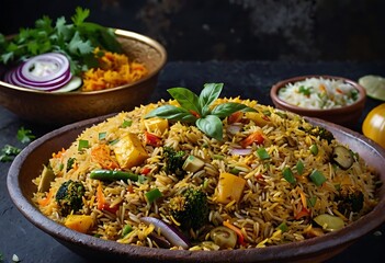Veg biryani or veg pulav served in a bowl on background