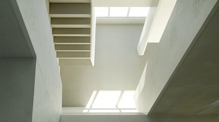 Fototapeta premium A view of a white staircase from below. Light shines through a window above.