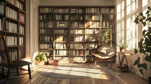 Inviting library room with wooden floors, bookshelves filled with books, and sunlight streaming through large windows.