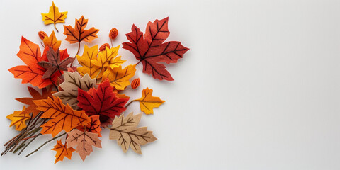 Decorative autumn design bouquet with leaves and branche. Fall frame from felt maple and oak leaves