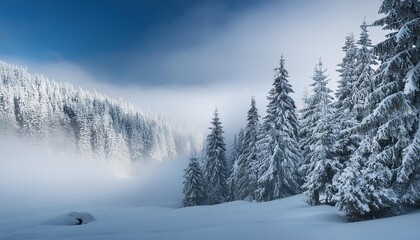 Snow-covered trees with mist
