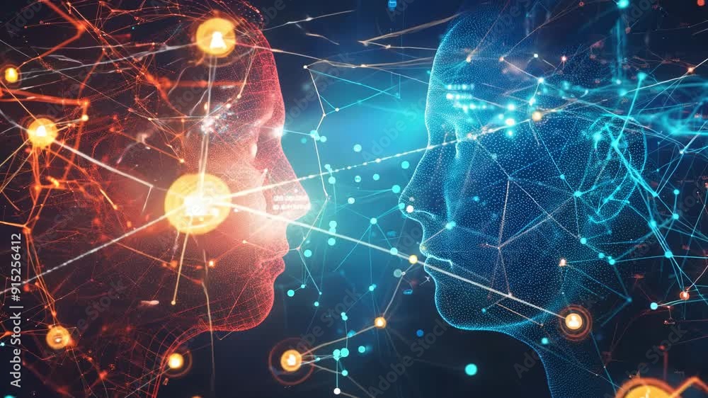 Poster digital faces in a network of connections representing artificial intelligence
