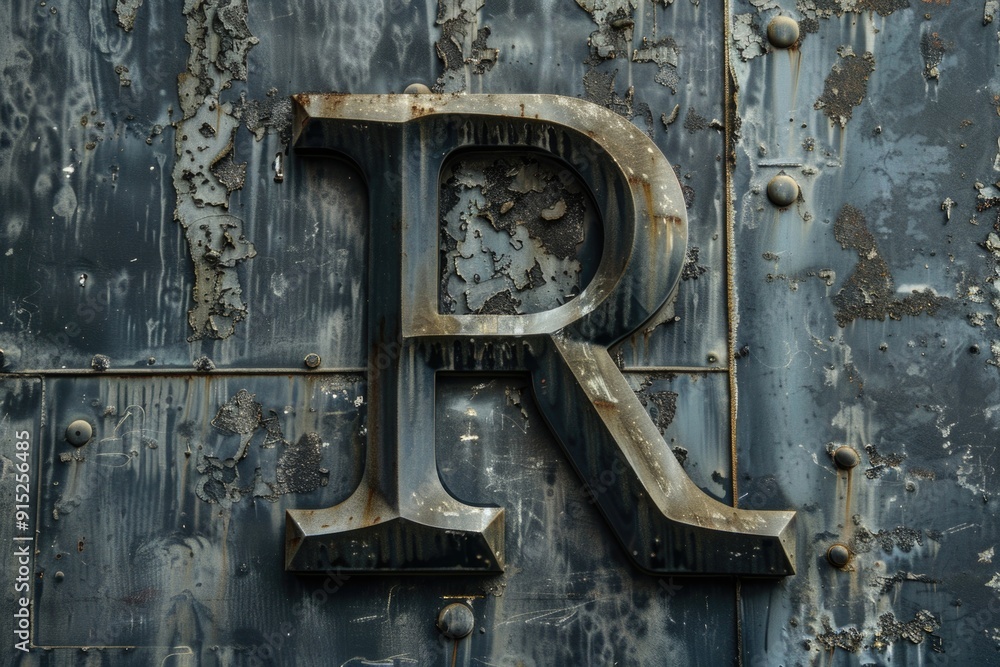 Poster a close-up shot of a rusty metal wall with the letter r marked on it