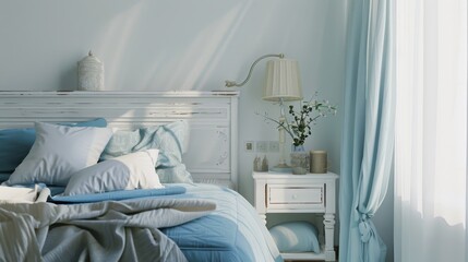 Soft sunlight streams into a neatly made pastel blue bedroom, casting gentle shadows and creating an inviting ambiance.