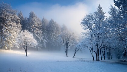 Obraz premium Snow-covered trees with mist