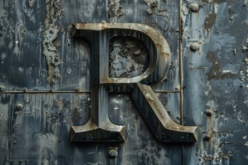 A close-up shot of a rusty metal wall with the letter R marked on it