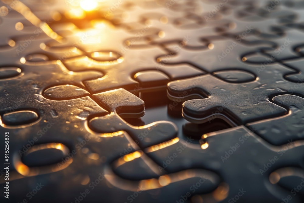Poster A detailed view of a puzzle piece with the warm sunlight shining through, ideal for representing creativity and problem-solving