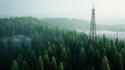 Obraz premium Forest with communication tower, orbit view, realistic, detailed foliage, soft lighting