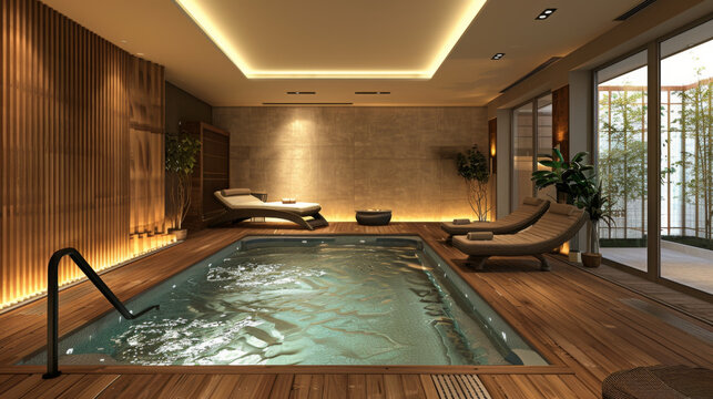 Elegant indoor pool area featuring a modern design with wooden accents, comfortable loungers, and ambient lighting.