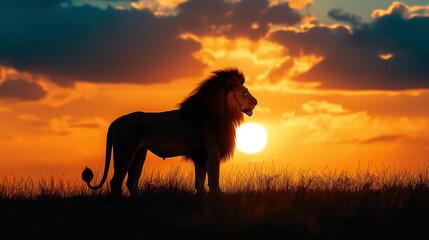 Fototapeta premium A lion standing tall with the sunrise behind it, casting a silhouette and vibrant colors in the sky