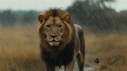 Obraz premium A lion a wet walking through the savannah in the rain, emphasizing the raw and rugged beauty of nature