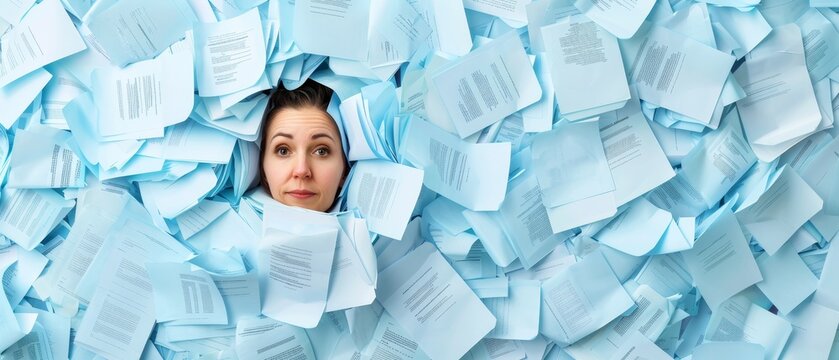 woman overwhelmed by a mountain of paperwork, drowning in documents, stress and anxiety, office worker buried in papers, businesswoman facing paperwork overload.