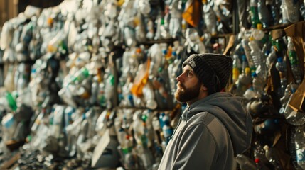 A bearded man in warm clothing stands in front of a large pile of plastic bottles, reflecting a sense of concern amidst a backdrop of environmental waste.