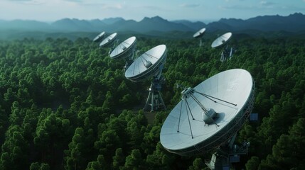 Communication array in forest, satellites in orbit, 3D rendering, high detail, crisp visuals