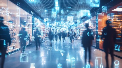 Futuristic Retail Experience with Digital Overlays and Blurred Shoppers