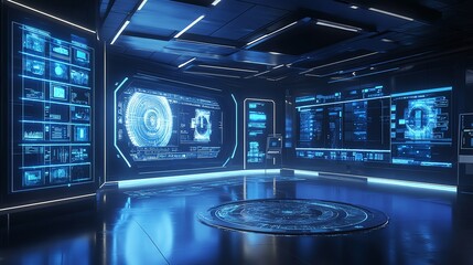 Futuristic Control Room with Blue Glowing Screens and Circular Platform