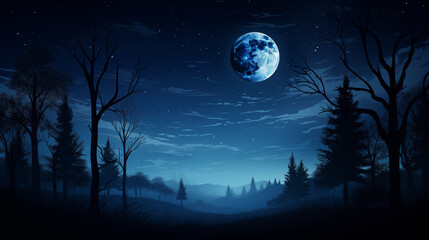 Fototapeta premium Wide Open Forest Clearing Under a Full Moon with Rolling Hills in the Background