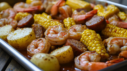 A low country homemade traditional Southern U.S. Shrimp Boil with sausage Traditional southern shrimp boil close up Shrimp and Grits Grits and old bay seasoned, Generative AI