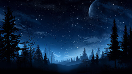 Fototapeta premium Starry Night Sky with Moonlit Clouds Over a Dense Pine Forest and Distant Hills in a Tranquil Night Scene