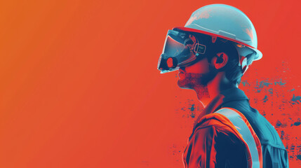 Obraz premium Side profile of a construction worker in safety gear, including helmet and visor, against a vivid red background.
