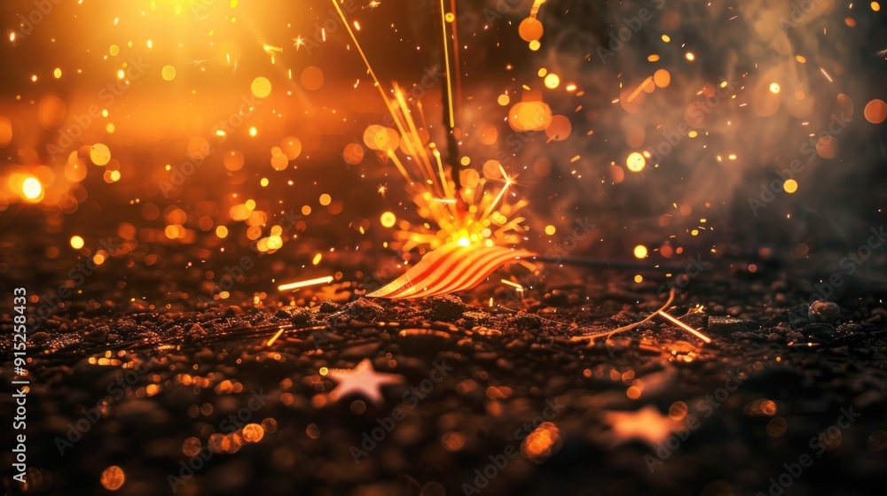 Poster a close-up view of a firework exploding on green grass, with sparks and debris scattered around