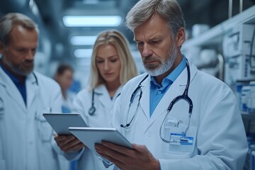 Doctors analyzing patient data on digital tablets, modern healthcare, electronic medical records. Generative AI