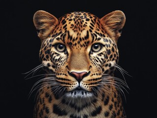 A close-up image of a leopard's face on a black background, suitable for use in wildlife or nature-themed projects