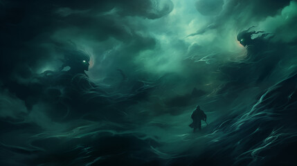 Obraz premium Lone Figure Standing Before Massive Ghostly Entities In Foggy Realm In Teal And Green Tones