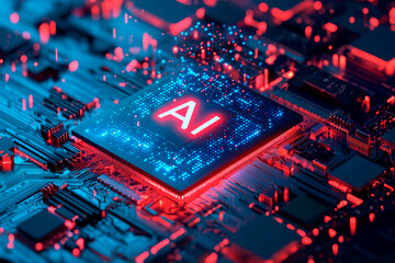 chip with holographic text "AI" floating above it, with red and blue color scheme