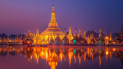 Naklejka premium A stunning view of a golden pagoda illuminated at night, reflecting in calm waters under a deep blue sky.