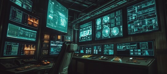 A Dark Room with Numerous Monitors Displaying Data and Code