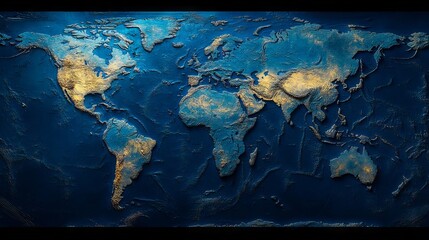 A blue and gold world map on a black background