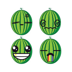 Vector set of cute watermelon fruit emojis. Isolated on white background. Kawaii cartoon smiling watermelons.