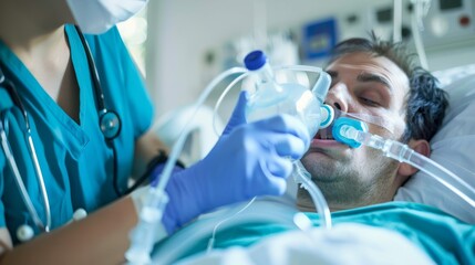 Fototapeta premium A Nurse Administering Oxygen to a Patient in a Hospital Bed