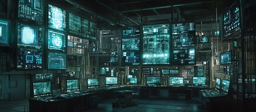 A Hacker's Lair Filled with Glowing Computer Screens