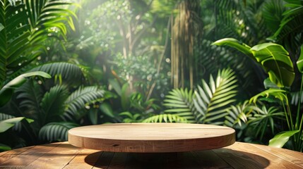 Obraz premium Wooden Table in Lush Tropical Jungle with Sunlight Filtering Through Dense Green Foliage
