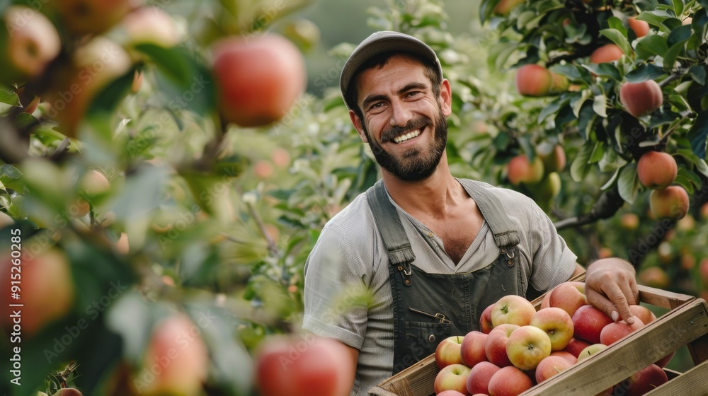 Poster a man is smiling while holding a crate full of apples