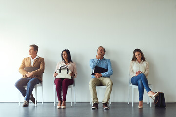 Interview, people and bored in waiting room for business, job opportunity and thinking in office....