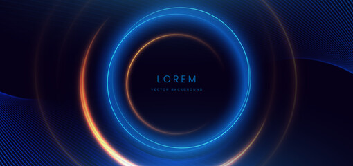 Blue and golden neon circles frame overlapping on dark blue background. Futuristic technology concept.
