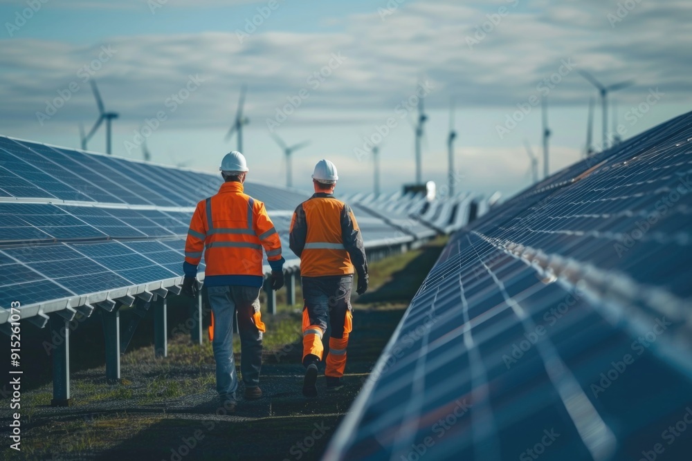 Poster two workers in orange vests inspecting a row of solar panels on a sunny day