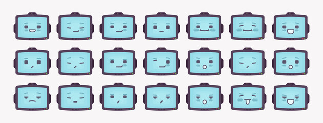 Robot friend smart cute AI technology chat bot emotion set, CRT computer retro head screen bundle, monitor different nice face expression icons, mood, emotional state contrast. Vector illustration