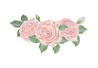 Watercolor floral bouquet illustration featuring delicate pink roses and green leaves