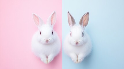 Two white rabbits looking at the camera on a pink and blue background.