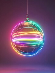 Fototapeta premium A single neon-colored ball is suspended from a string, creating a colorful and eye-catching scene