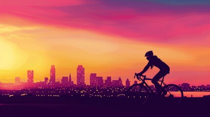 Fototapeta premium A cyclist rides into a colorful dusk, with city buildings silhouetted against the brilliant sunset backdrop.